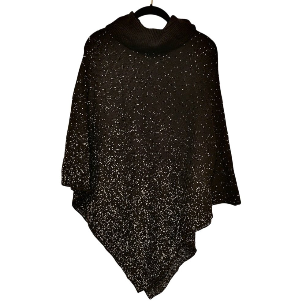 NWT Womens Chico's Black Silver Speckled Cowl Neck Knit Poncho Sweater Sz Large